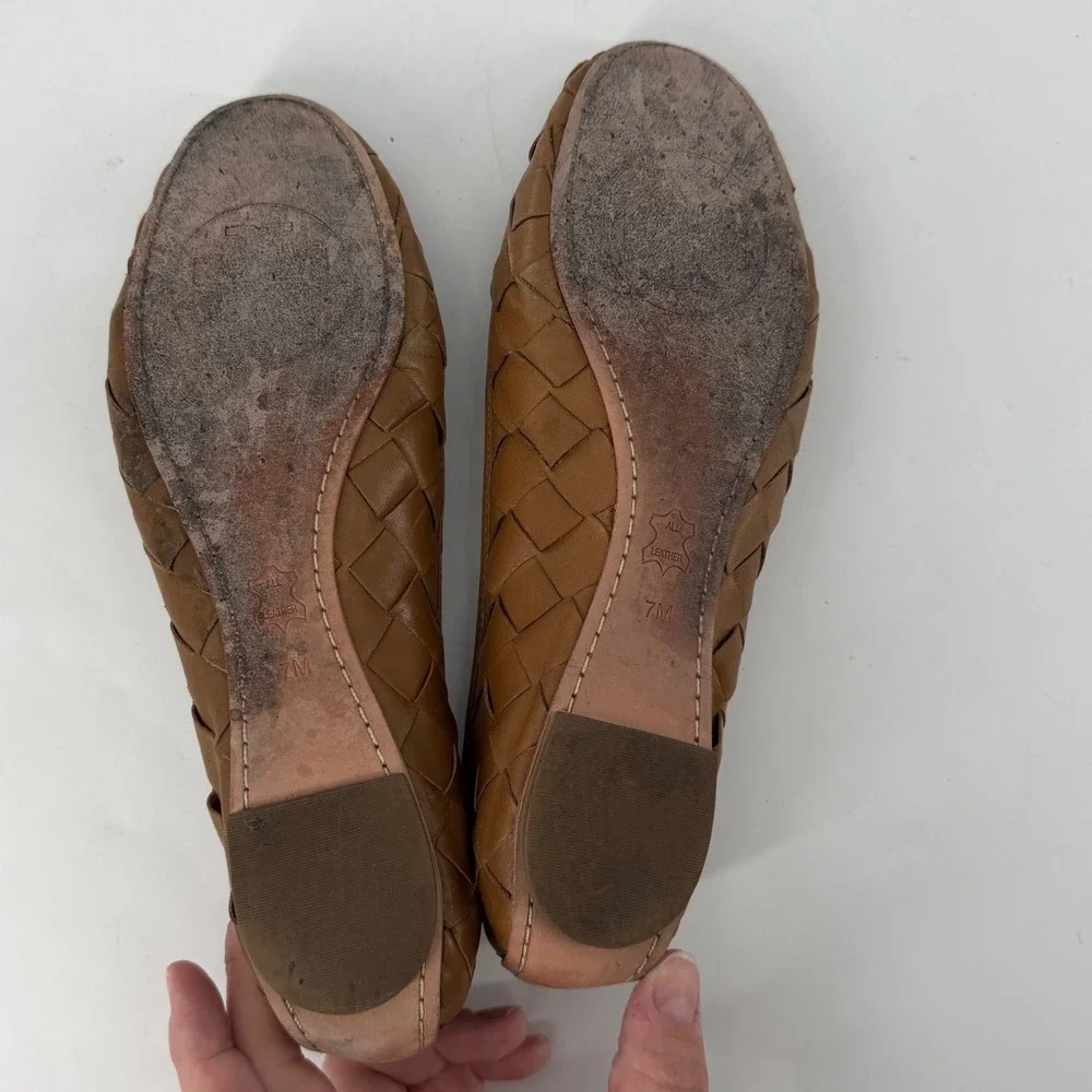 Tory Burch Carlyle Woven Leather Ballet Flats Brown Bow Logo Women's 7M